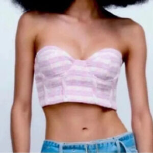 Zara Purple and Pink Tweed Cropped Bustier Corset Gingham Top Size Small NWT